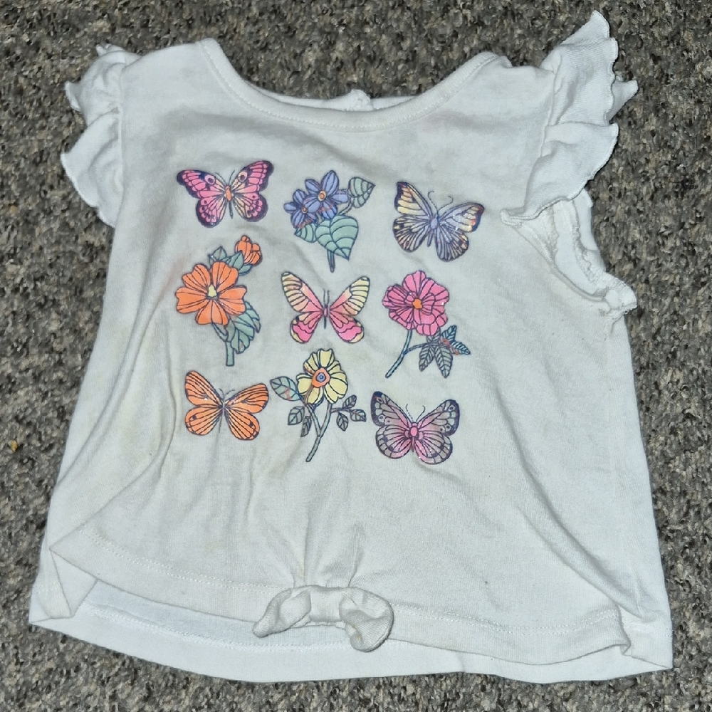 Little Lass White Tee with Colorful Butterfly and Floral Design